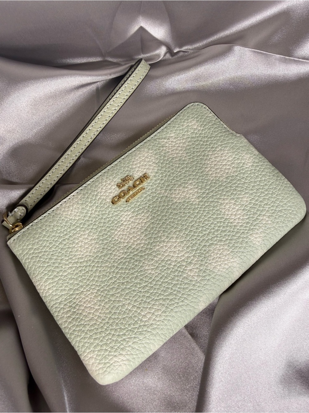 Coach Mint Green Pebbled Leather Wristlet with Gold Logo